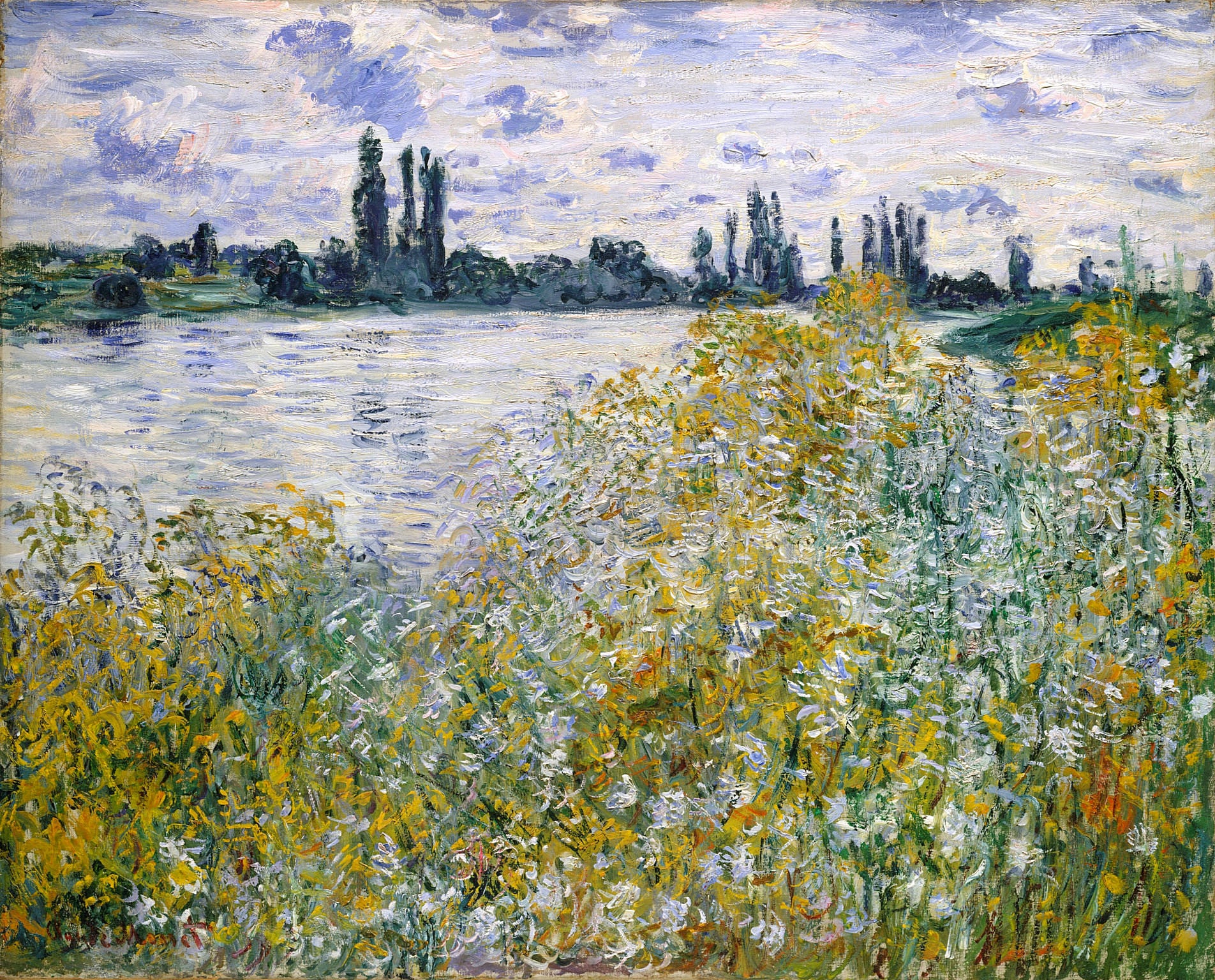 Isle of Flowers on Siene near Vetheuil, 1880 by Claude Monet. Claude Monet artworks, monet canvas art, monet oil painting, monet reproduction for sale. Landscape paintings, Monet art decor, monet oil painting on canvas, Blue Surf Art