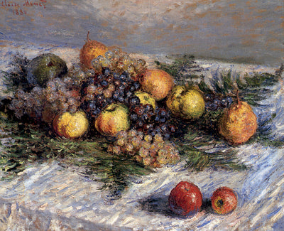 Still Life with Pears and Grapes, 1880 by Claude Monet. Claude Monet artworks, monet canvas art, monet oil painting, monet reproduction for sale. Landscape paintings, Monet art decor, monet oil painting on canvas, Blue Surf Art