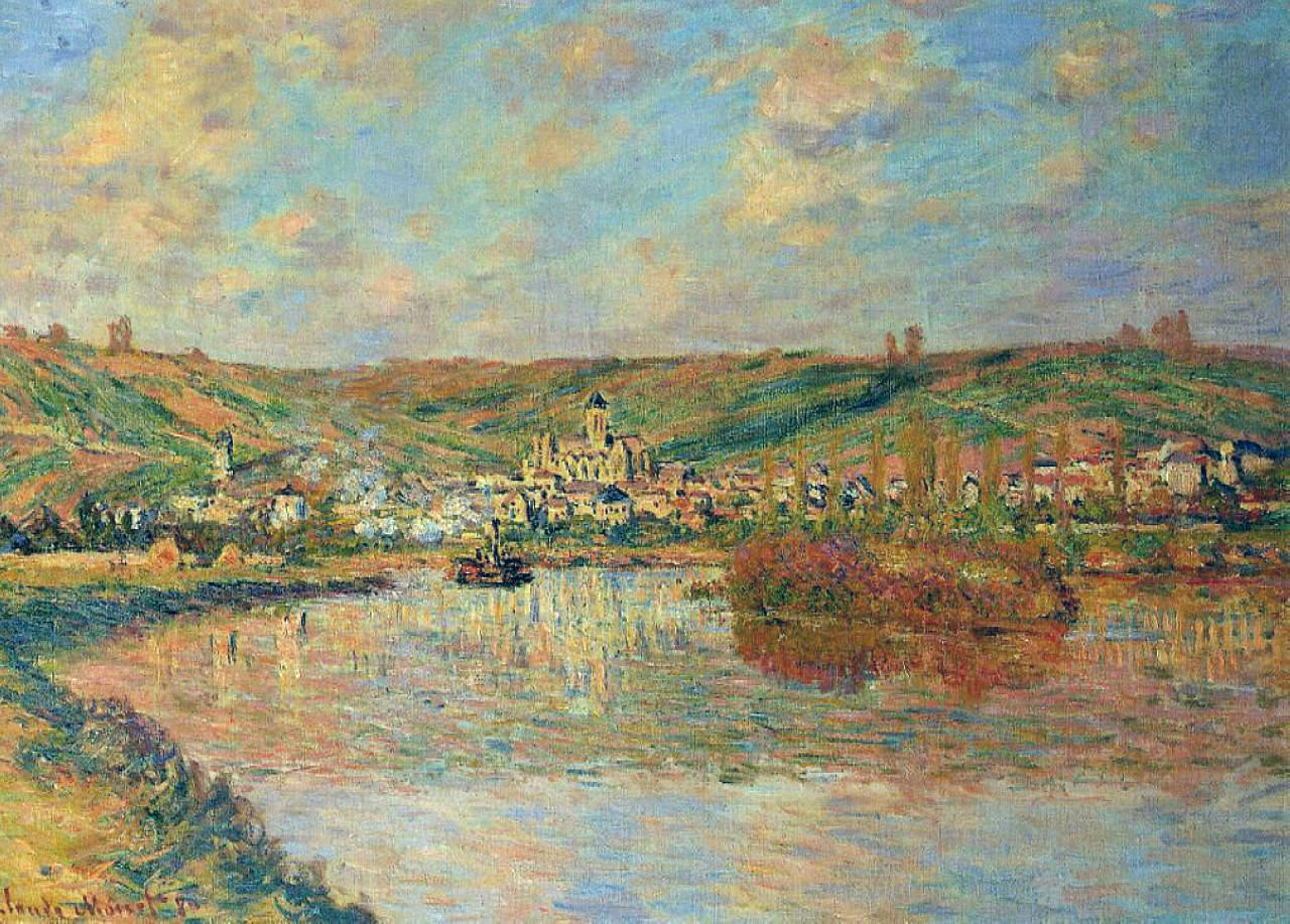 Late Afternoon in Vetheuil, 1880 by Claude Monet. Claude Monet artworks, monet canvas art, monet oil painting, monet reproduction for sale. Landscape paintings, Monet art decor, monet oil painting on canvas, Blue Surf Art