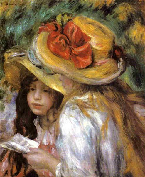 Two Young Girls Reading by Pierre-Auguste Renoir Reproduction for Sale by Blue Surf Art