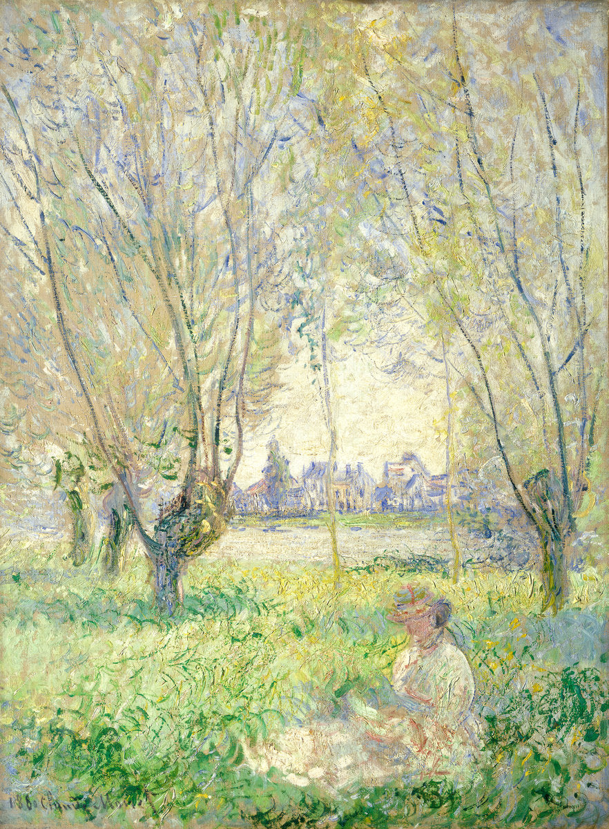 Woman Sitting under the Willows 1880 by Claude Monet Reproduction for Sale Blue Surf Art