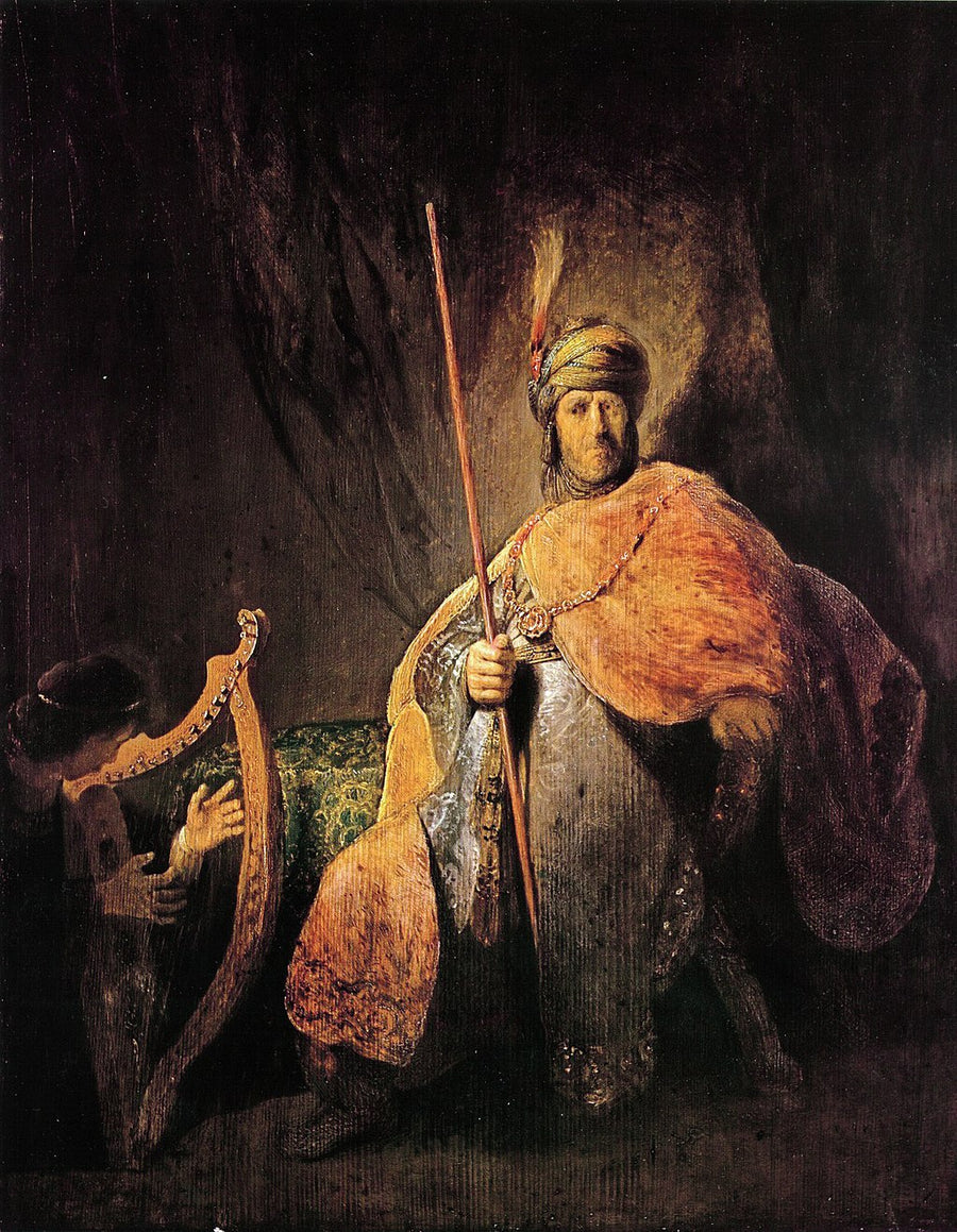 David Playing the Harp for King Saul Painting by Rembrandt Oil on Canvas Reproduction by Blue Surf Art