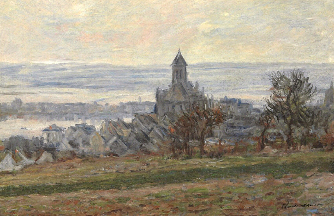 The Church of Vetheuil 1881 by Claude Monet, Monet Reproduction for Sale Blue Surf Art 