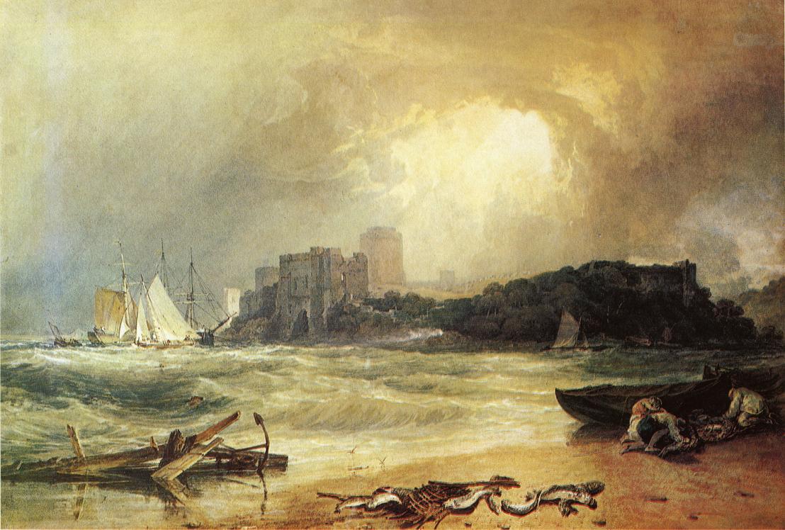 Pembroke Caselt, South Wales, Thunder Storm Approaching by J. M. W. Turner. Turner artworks, Turner canvas art, J. M. W. Turner oil painting, Turner reproduction for sale. Landscape paintings, Turner art decor, Turner oil painting on canvas, Blue Surf Art