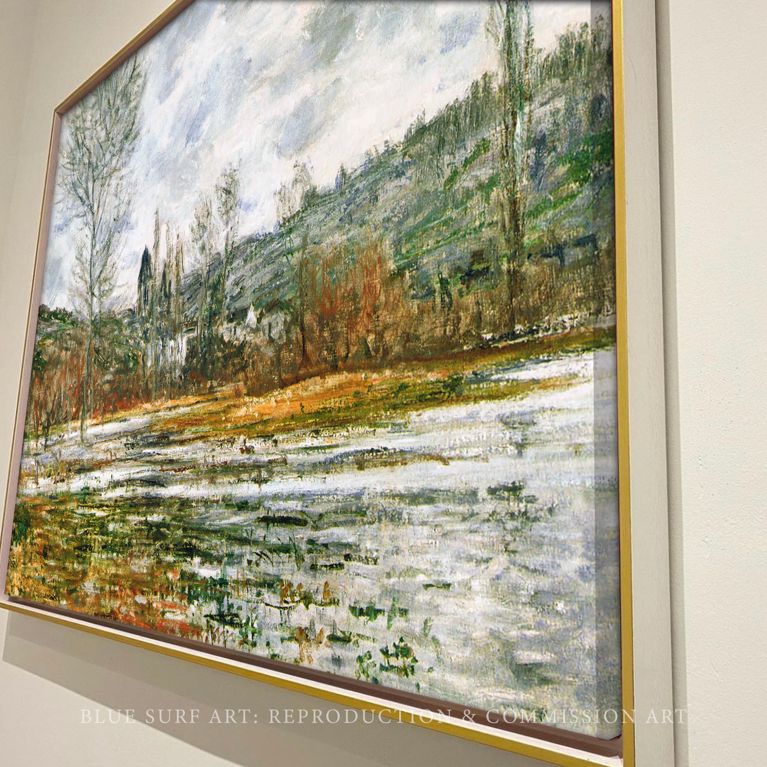 Vetheuil, Prairie Inondee 1881 by Claude Monet, Monet Reproduction for Sale Blue Surf Art - side preview