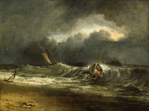 Fishermen upon a Lee-Shore, in Squally Weather by J. M. W. Turner. Turner artworks, Turner canvas art, J. M. W. Turner oil painting, Turner reproduction for sale. Landscape paintings, Turner art decor, Turner oil painting on canvas, Blue Surf Art