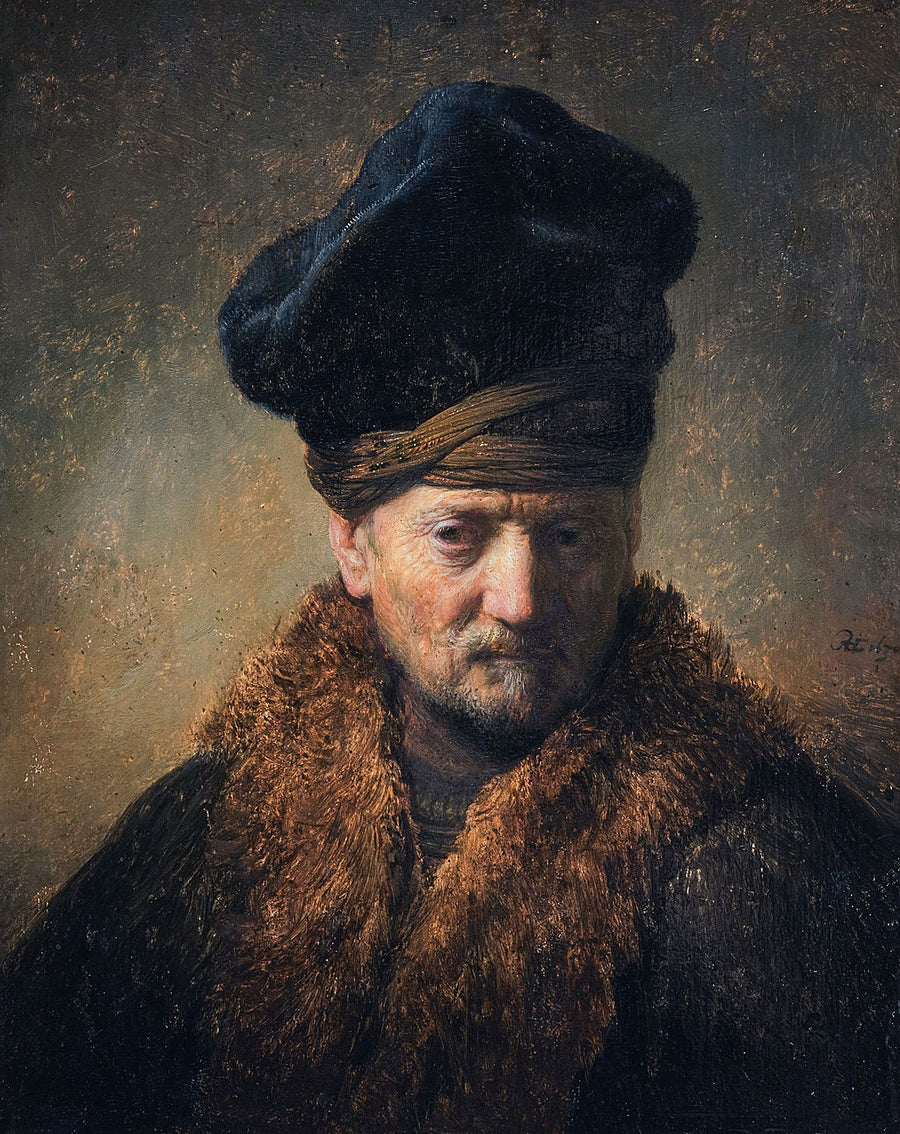 Bust of an Old Man Wearing a Fur Cap Painting by Rembrandt Oil on Canvas Reproduction by Blue Surf Art
