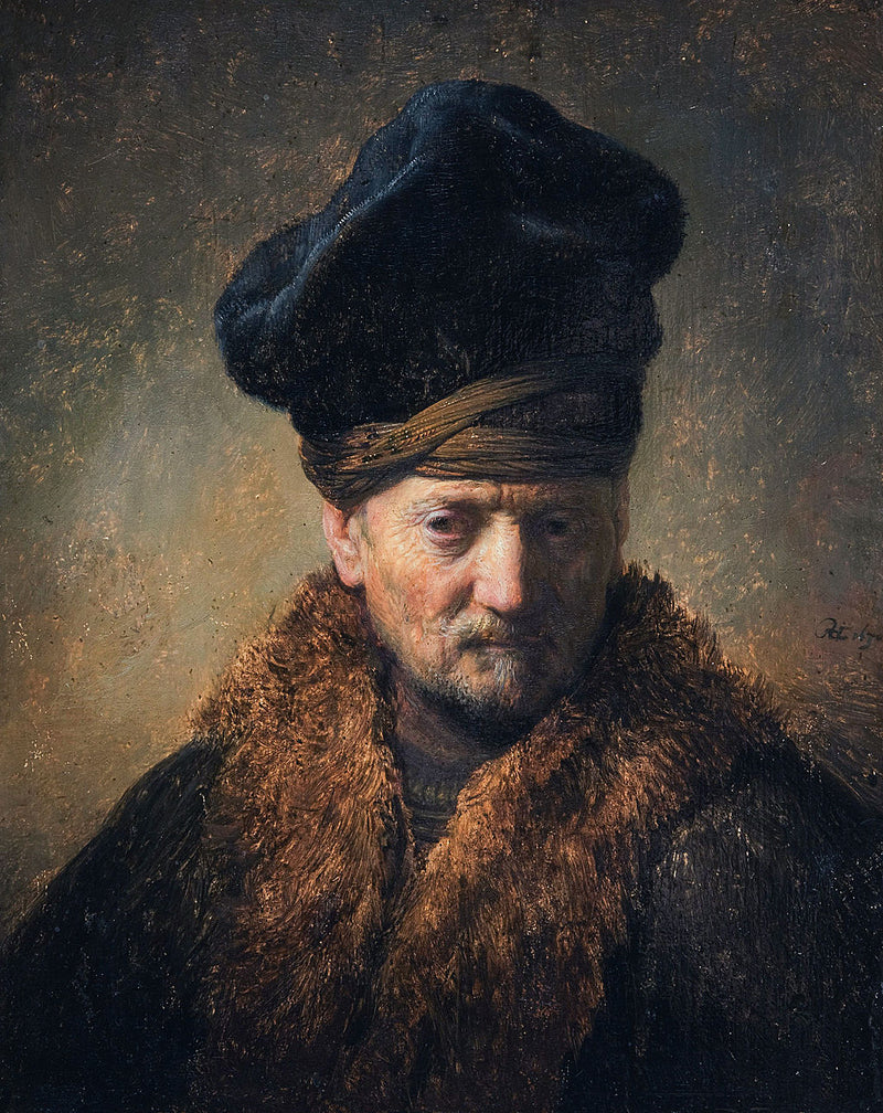 Bust of an Old Man Wearing a Fur Cap Painting by Rembrandt Oil on Canvas Reproduction by Blue Surf Art