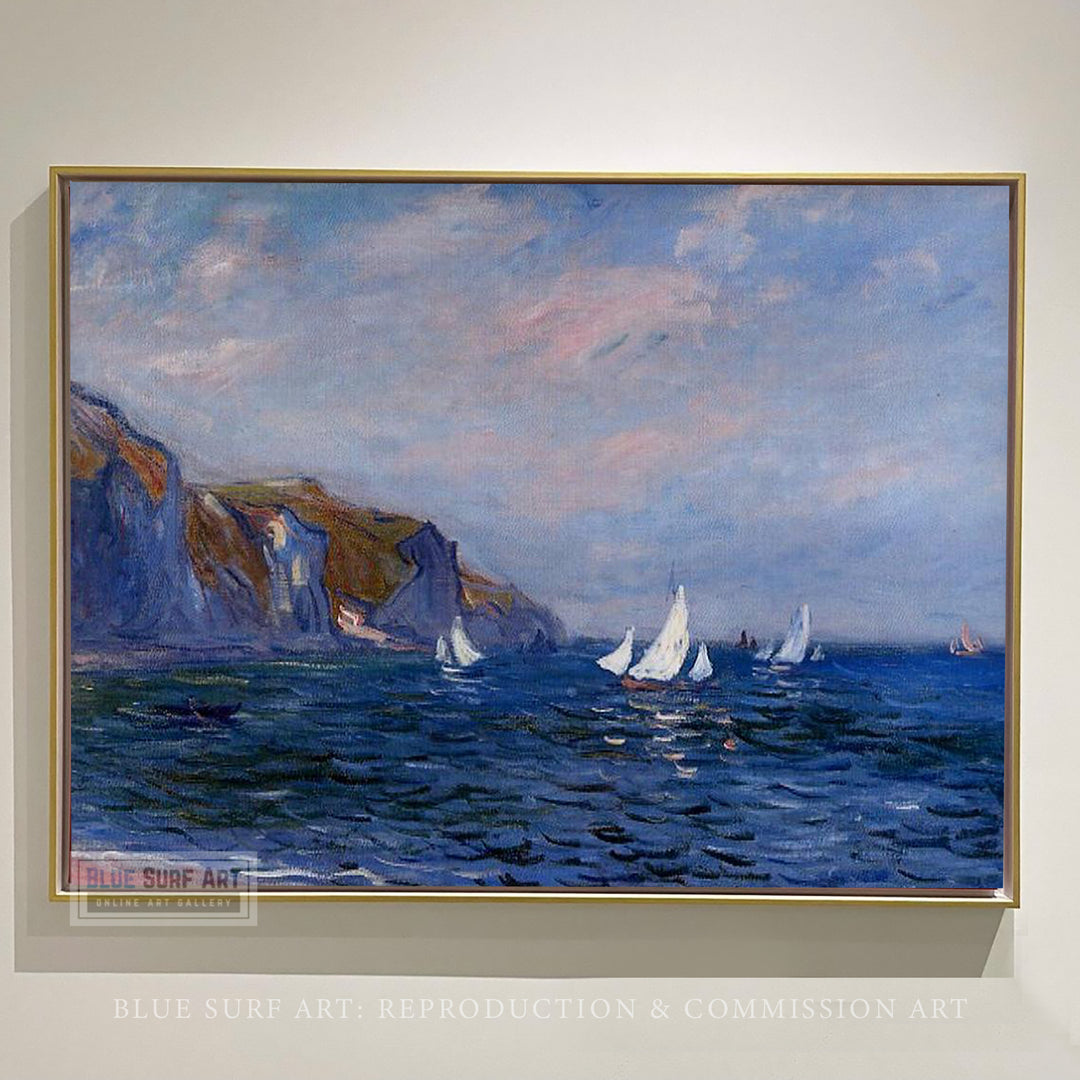 Cliffs and Sailboats at Pourville 1882 by Claude Monet Reproduction for Sale  by Blue Surf Art 1