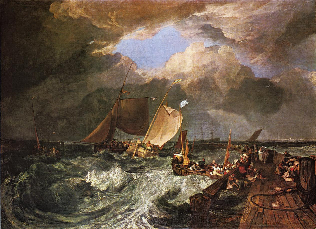 Calais Pier, with French Poissards Preparing for Sea, an English Packeet Arriving by J. M. W. Turner. Turner artworks, Turner canvas art, J. M. W. Turner oil painting, Turner reproduction for sale. Landscape paintings, Turner art decor, Turner oil painting on canvas, Blue Surf Art
