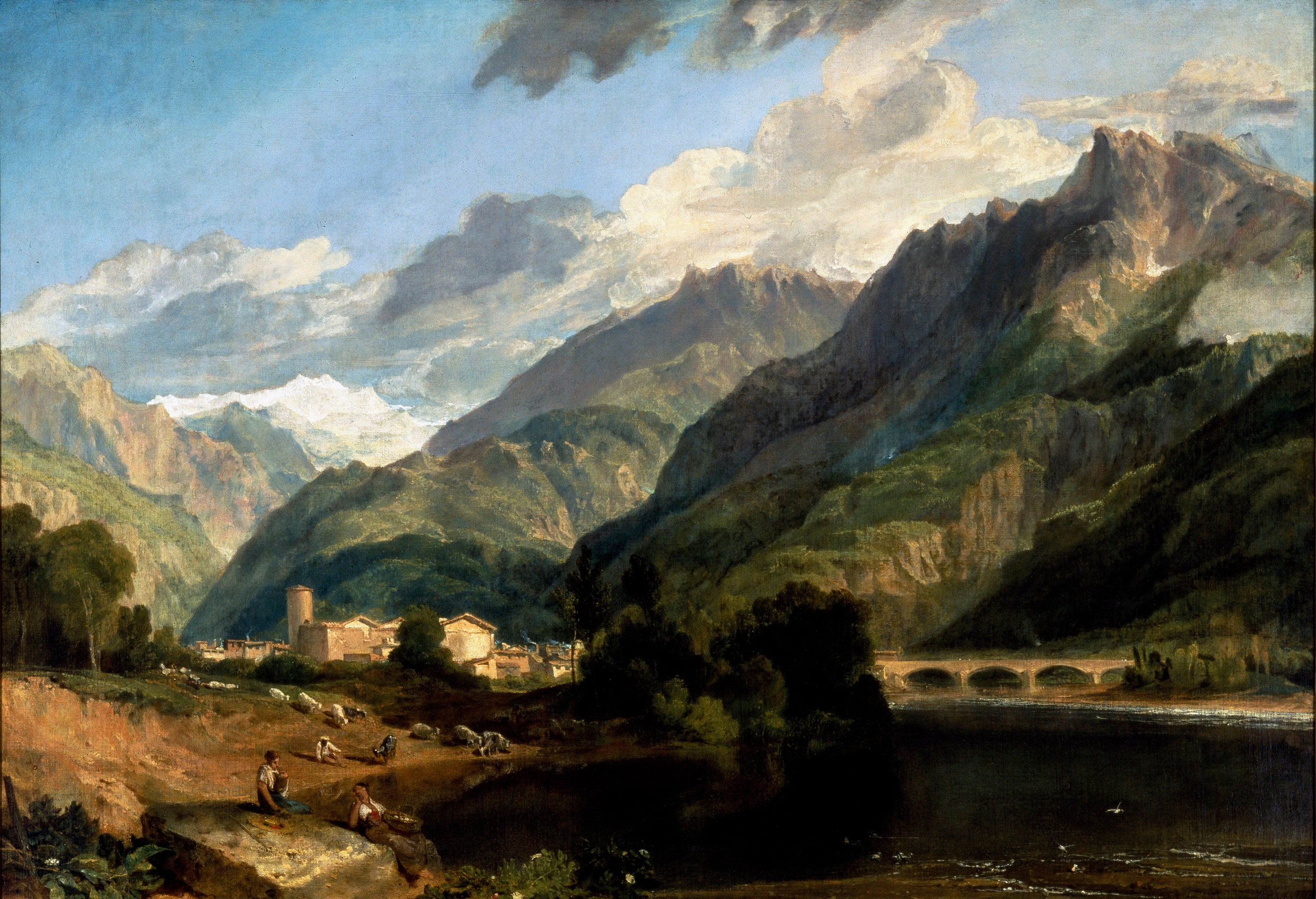 Bonneville, Savoy with Mont Blanc by J. M. W. Turner. Turner artworks, Turner canvas art, J. M. W. Turner oil painting, Turner reproduction for sale. Landscape paintings, Turner art decor, Turner oil painting on canvas, Blue Surf Art