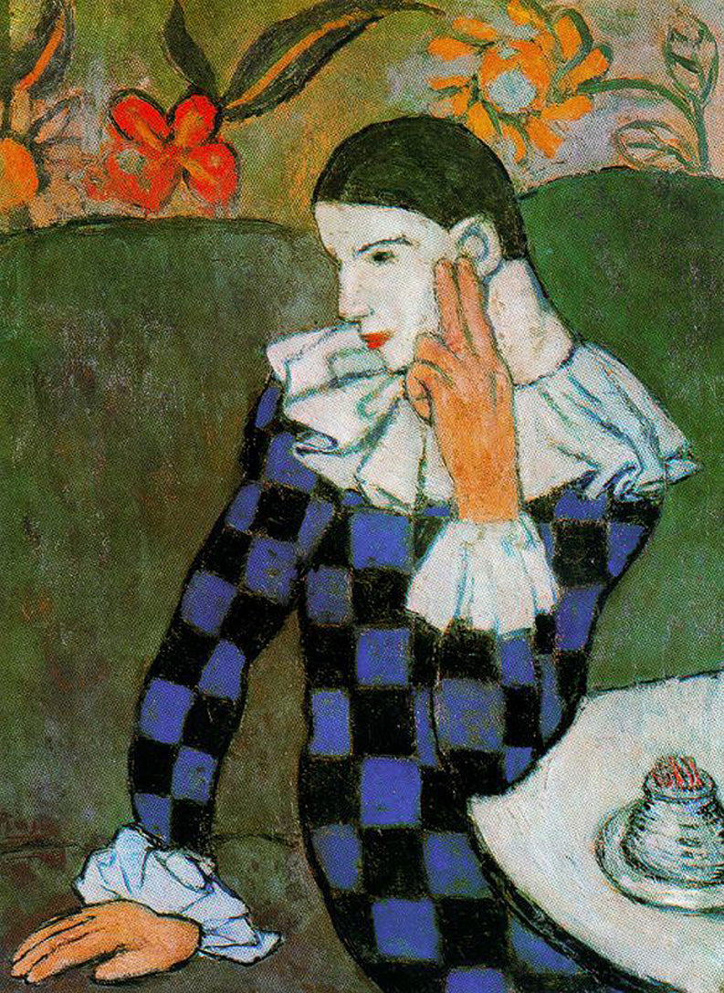 Harlequin leaning by Pablo Picasso. Picasso artworks, Picasso wall art, Picasso canvas art, Picasso reproduction for sale, Picasso oil painting on canvas, Blue Surf Art