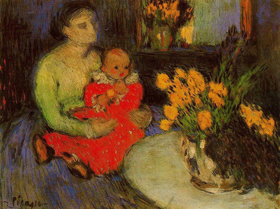Mother and child behind the bouquet of flowers by Pablo Picasso. Picasso artworks, Picasso wall art, Picasso canvas art, Picasso reproduction for sale, Picasso oil painting on canvas, Blue Surf Art