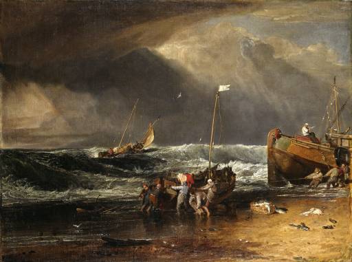 A Coast Scene with Fishermen Hauling a Boat Ashore ‘The Iveagh Seapiece’ by J. M. W. Turner. Turner artworks, Turner canvas art, J. M. W. Turner oil painting, Turner reproduction for sale. Landscape paintings, Turner art decor, Turner oil painting on canvas, Blue Surf Art