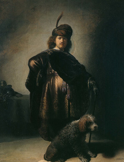 The Artist in an Oriental Costume with a Poodle at his Feet Painting by Rembrandt Oil on Canvas Reproduction by Blue Surf Art