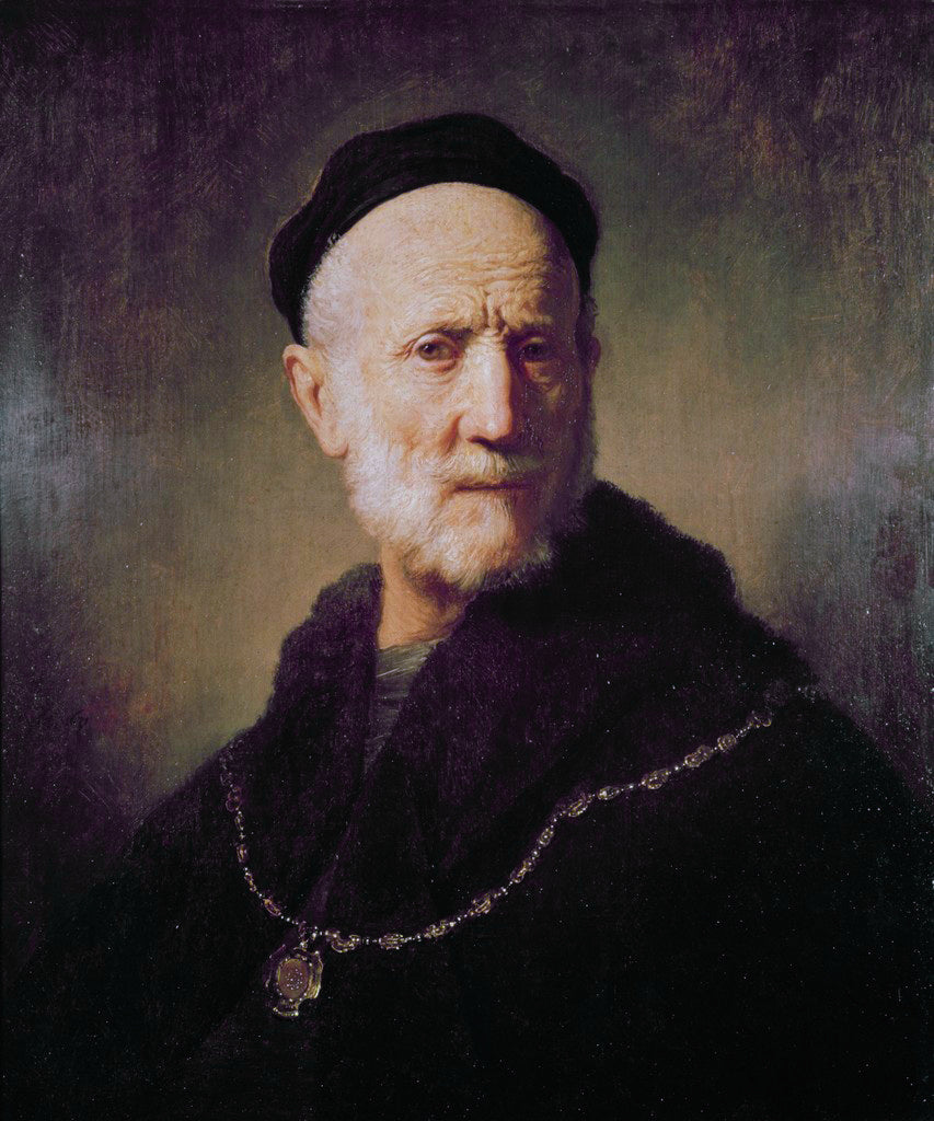 Bust of an Old Man with a Cap and Gold Chain Painting by Rembrandt Oil on Canvas Reproduction by Blue Surf Art