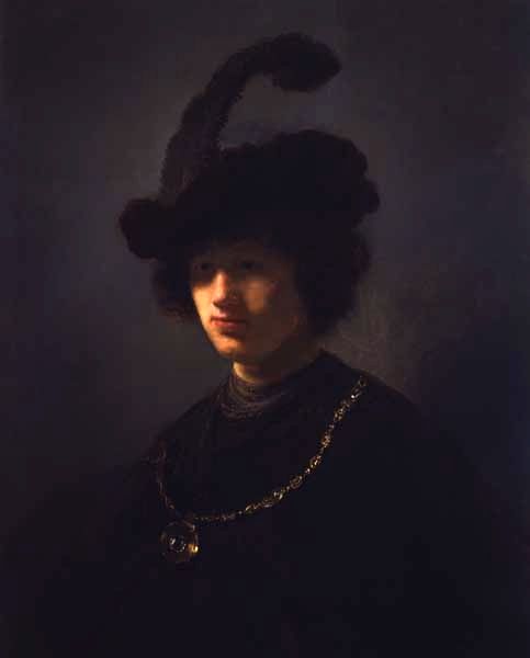 Bust of a Young Man Wearing a Plumed Cap Painting by Rembrandt Oil on Canvas Reproduction by Blue Surf Art