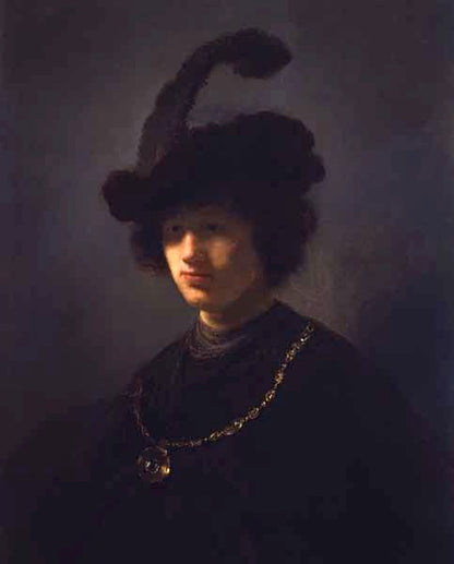 Bust of a Young Man Wearing a Plumed Cap Painting by Rembrandt Oil on Canvas Reproduction by Blue Surf Art