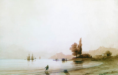 View of the rocky shore from the sea, 1845 Painting by Ivan Aivazovsky Reproduction by Blue surf art