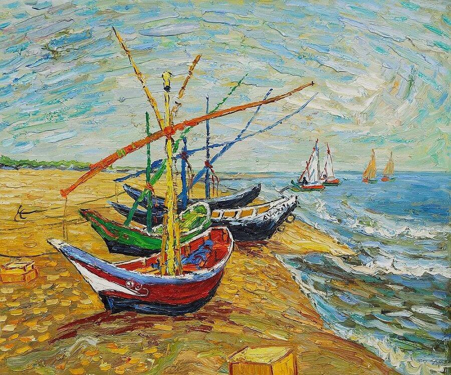 Fishing Boats on the Beach by Van Gogh Reproduction for Sale - Blue Surf Art