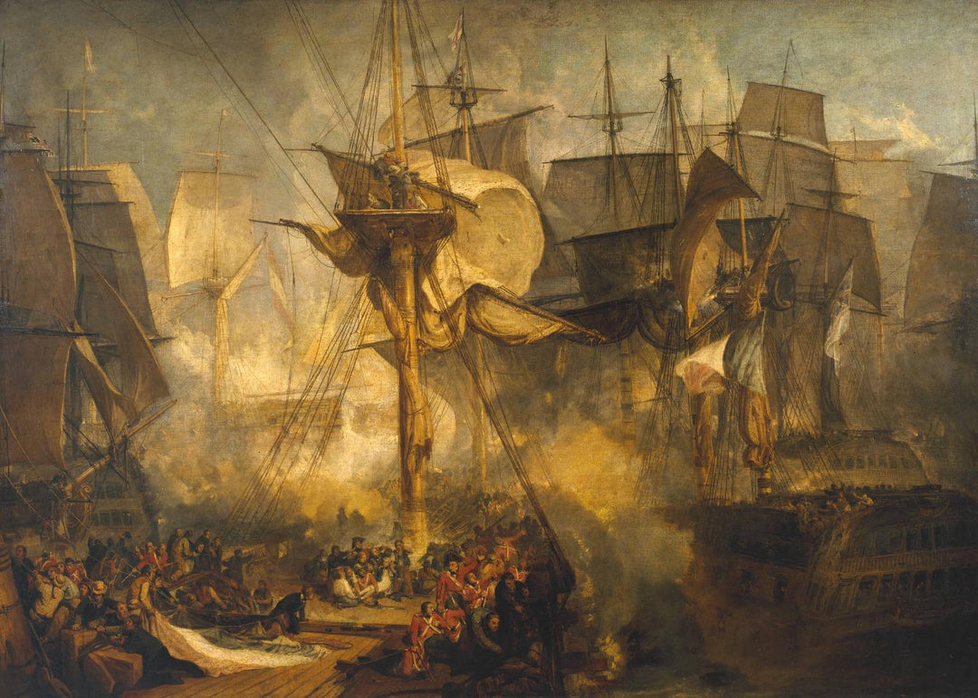 The Battle of Trafalgar, as Seen from the Mizen Starboard Shrouds of the Victory by J. M. W. Turner. Seascape painting, Turner artworks, Turner canvas art, J. M. W. Turner oil painting, Turner reproduction for sale. Landscape paintings, Turner art decor, Turner oil painting on canvas, Blue Surf Art
