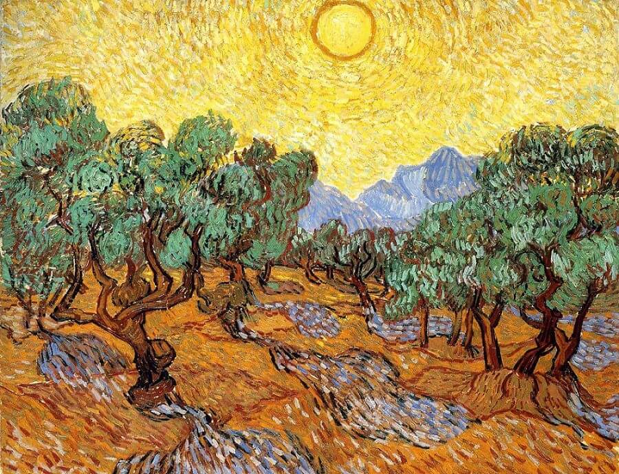 Olive Trees With Yellow Sky And Sun by Van Gogh Reproduction for Sale - Blue Surf Art