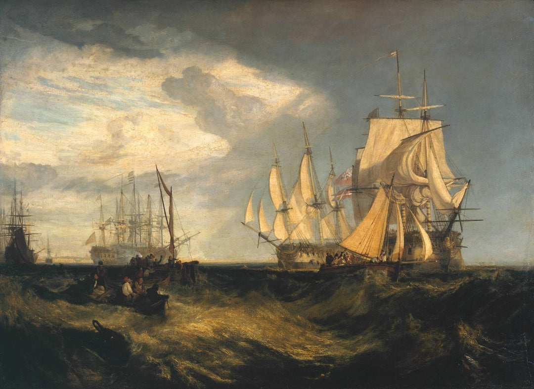 Spithead, Two Captured Danish Ships Entering Portsmouth Harbour by J. M. W. Turner. Seascape painting, Turner artworks, Turner canvas art, J. M. W. Turner oil painting, Turner reproduction for sale. Landscape paintings, Turner art decor, Turner oil painting on canvas, Blue Surf Art