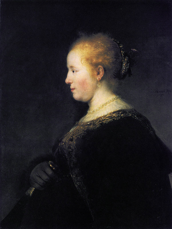 Half-figure of a Young Woman in Profile with a Fan Painting by Rembrandt Oil on Canvas Reproduction by Blue Surf Art