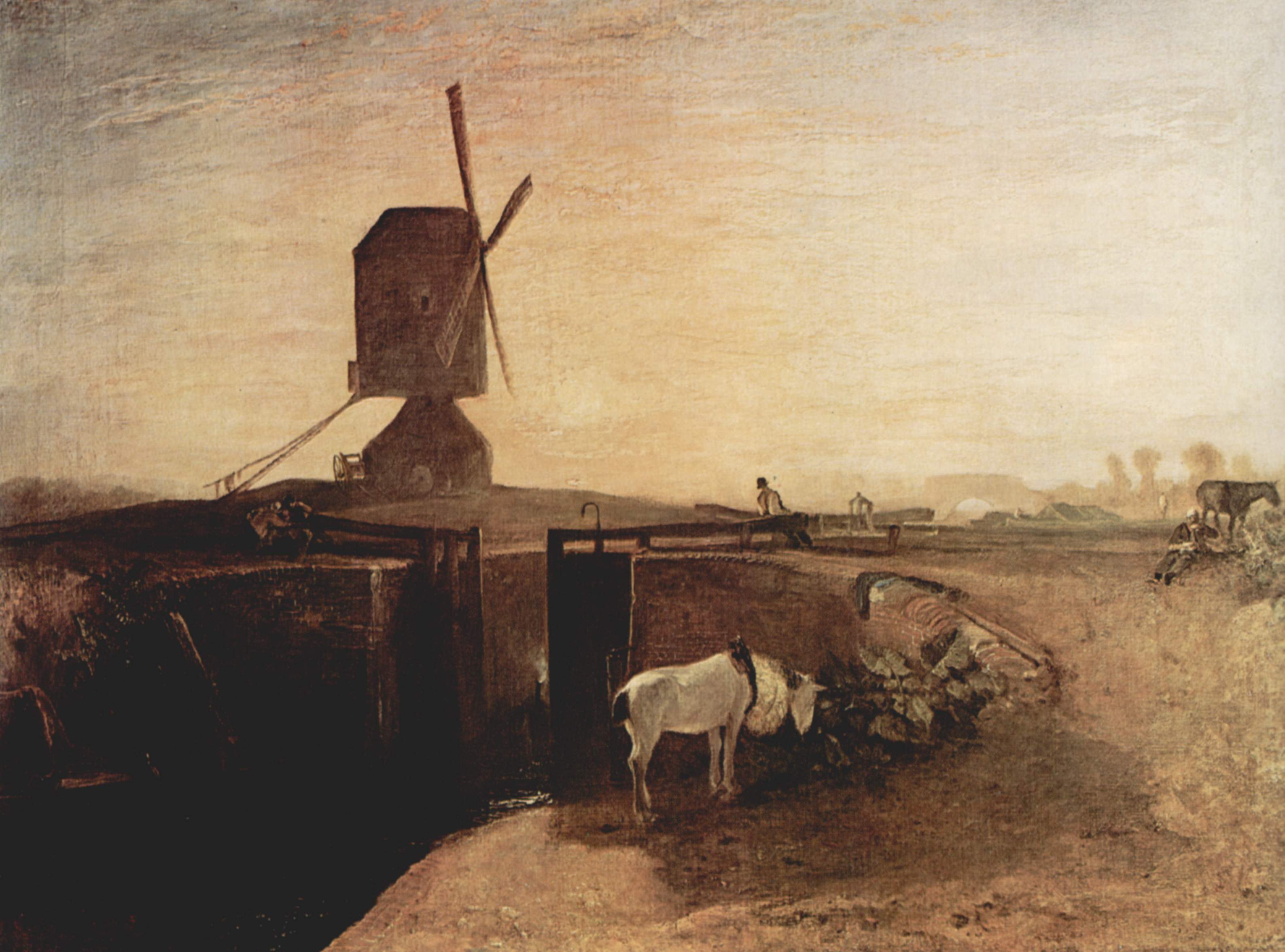 The big connection channel at Southall Mill by J. M. W. Turner. Seascape painting, Turner artworks, Turner canvas art, J. M. W. Turner oil painting, Turner reproduction for sale. Landscape paintings, Turner art decor, Turner oil painting on canvas, Blue Surf Art