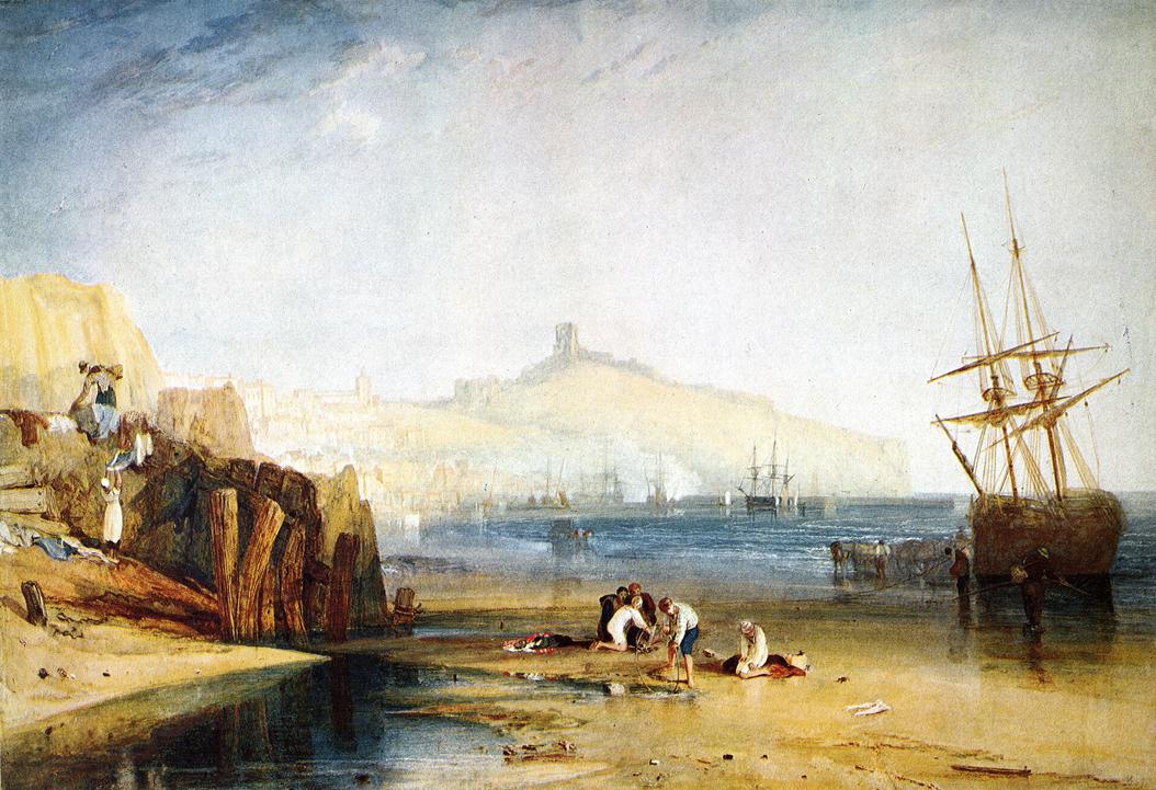 Scarborough Town and Castle. Morning. Boys Catching Crabs by J. M. W. Turner. Seascape painting, Turner artworks, Turner canvas art, J. M. W. Turner oil painting, Turner reproduction for sale. Landscape paintings, Turner art decor, Turner oil painting on canvas, Blue Surf Art