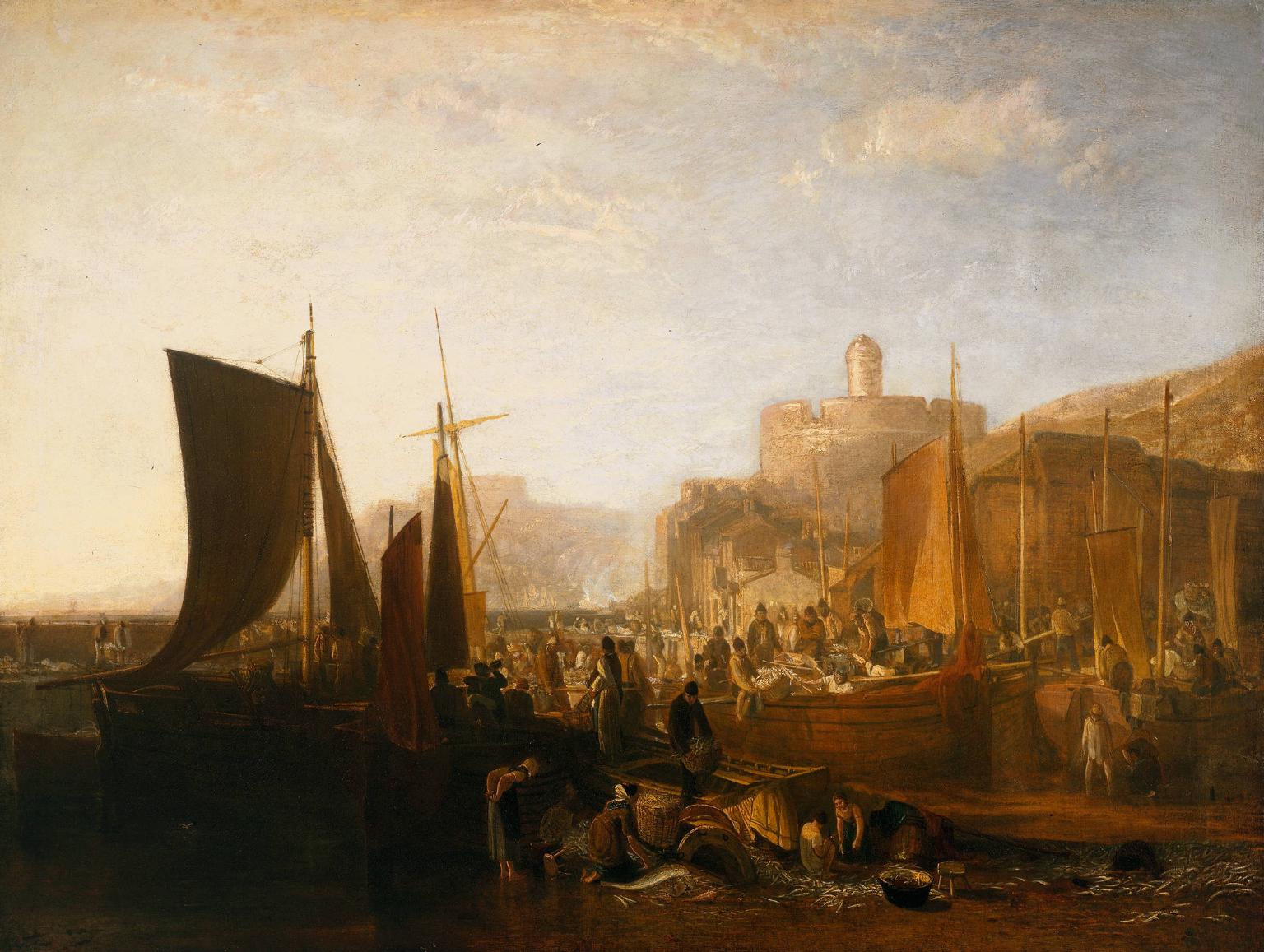 St Mawes at the Pilchard Season by J. M. W. Turner. Seascape painting, Turner artworks, Turner canvas art, J. M. W. Turner oil painting, Turner reproduction for sale. Landscape paintings, Turner art decor, Turner oil painting on canvas, Blue Surf Art