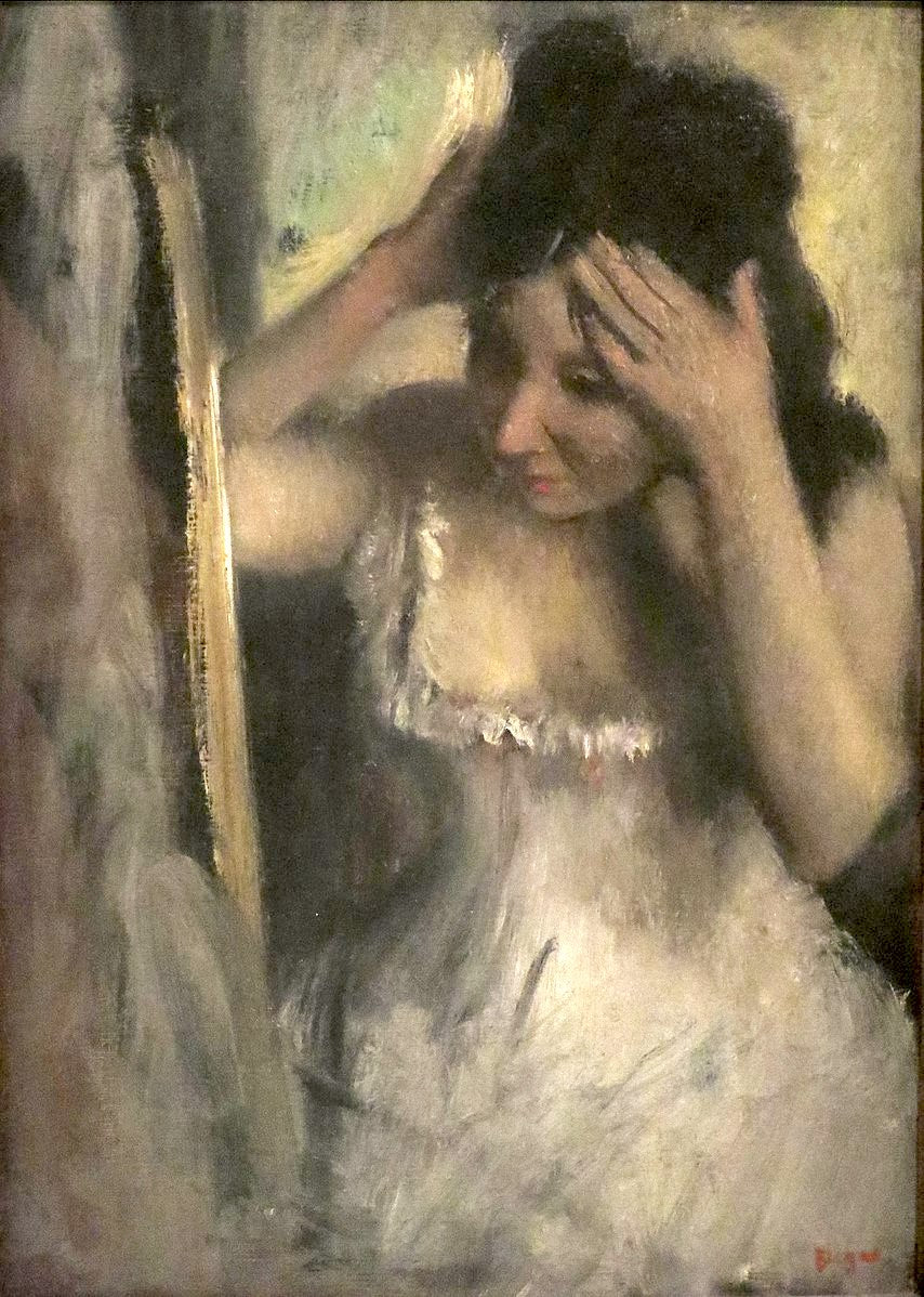 Woman Combing her Hair before a Mirror Painting by Edgar Degas Reproduction Oil on Canvas. Blue Surf Art .com