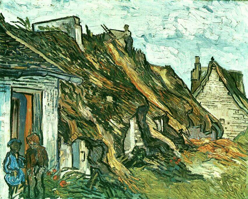 Thatched Cottages in Chaponval, 1890 by Van Gogh Reproduction for Sale - Blue Surf Art