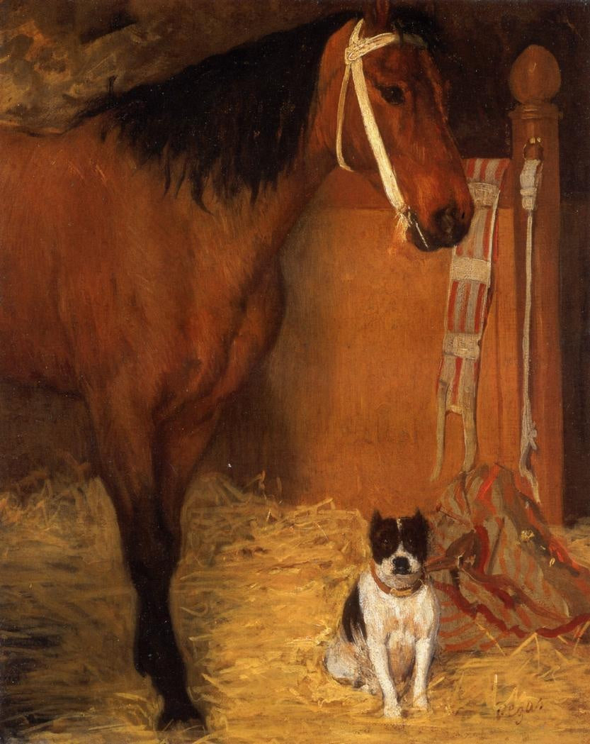 At the Stables, Horse and Dog Painting by Edgar Degas Reproduction Oil on Canvas. Blue Surf Art .com