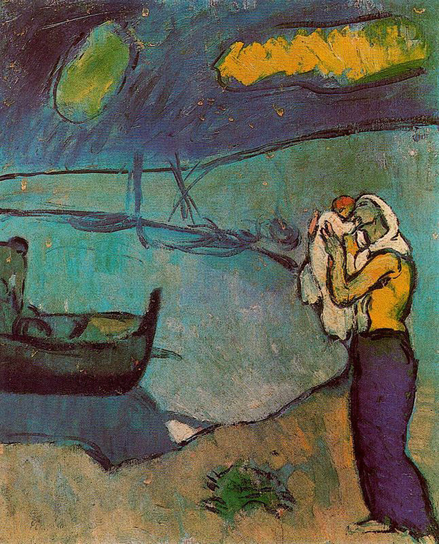 Mother and son on the shore by Pablo Picasso. Claude Monet artworks, monet canvas art, monet oil painting, monet reproduction for sale. Landscape paintings, Monet art decor, monet oil painting on canvas, Blue Surf Art