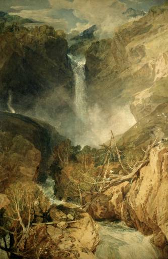The Great Fall of the Reichenbach, in the Valley of Hasle, Switzerland by J. M. W. Turner. Seascape painting, Turner artworks, Turner canvas art, J. M. W. Turner oil painting, Turner reproduction for sale. Landscape paintings, Turner art decor, Turner oil painting on canvas, Blue Surf Art