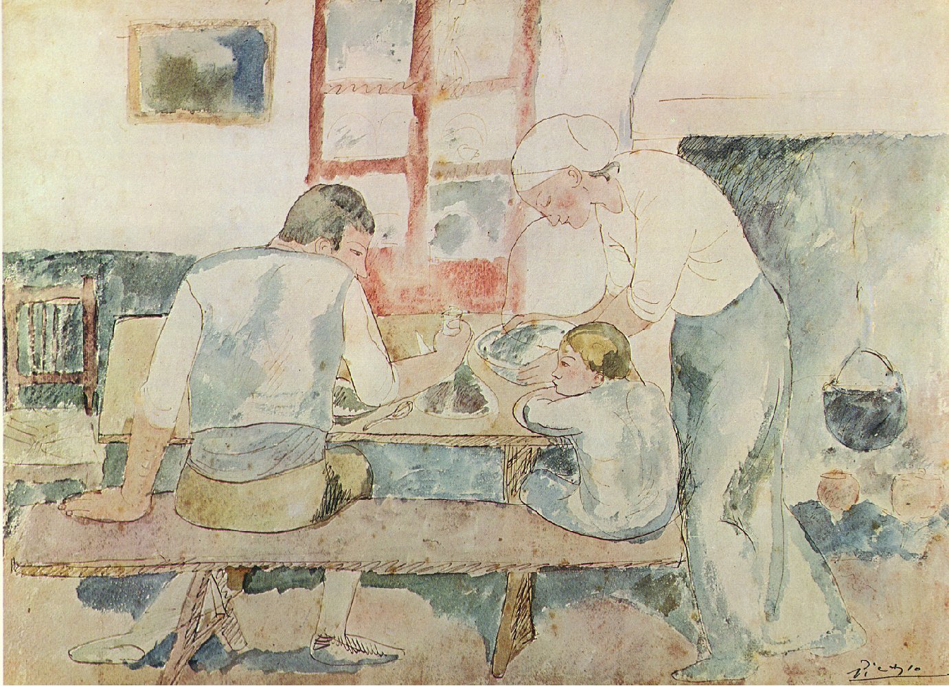 Dinner time. Evocation of Horta d'Ebre by Pablo Picasso. Picasso artworks, Picasso wall art, Picasso canvas art, Picasso reproduction for sale, Picasso oil painting on canvas, Blue Surf Art