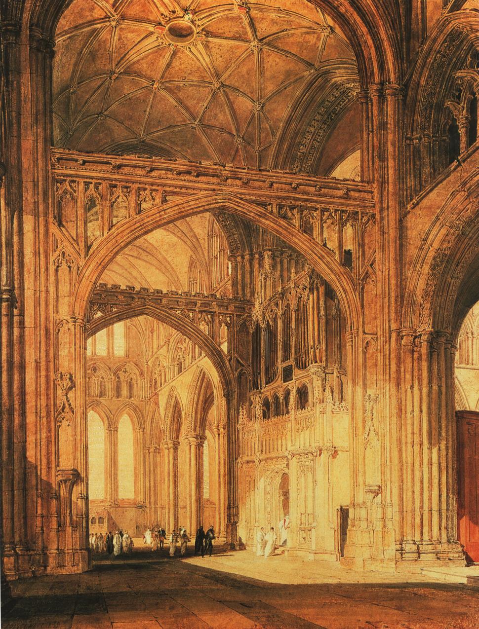 Interior of Salisbury Cathedral by J. M. W. Turner. Seascape painting, Turner artworks, Turner canvas art, J. M. W. Turner oil painting, Turner reproduction for sale. Landscape paintings, Turner art decor, Turner oil painting on canvas, Blue Surf Art