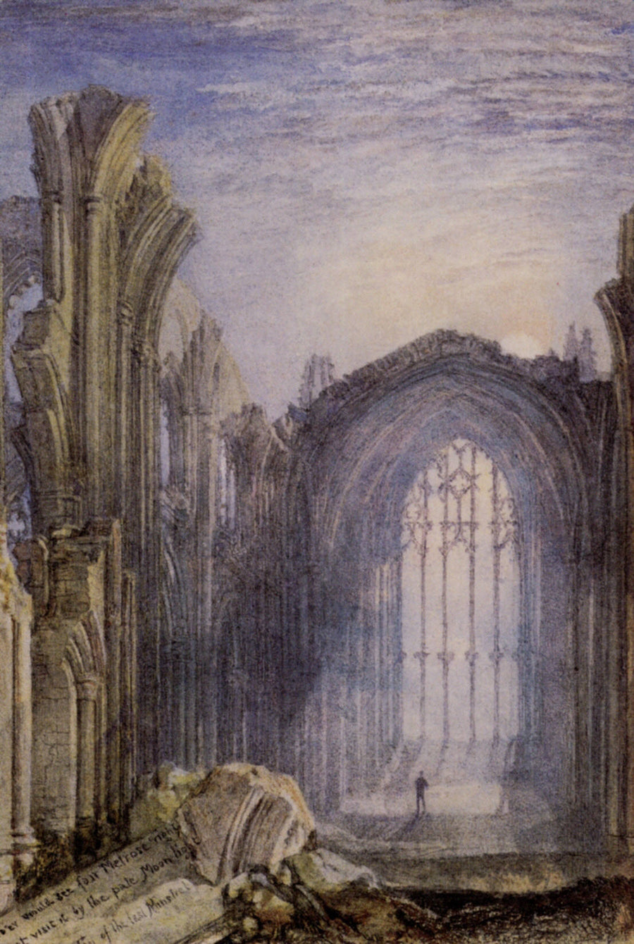 Melrose Abbey by J. M. W. Turner. Seascape painting, Turner artworks, Turner canvas art, J. M. W. Turner oil painting, Turner reproduction for sale. Landscape paintings, Turner art decor, Turner oil painting on canvas, Blue Surf Art
