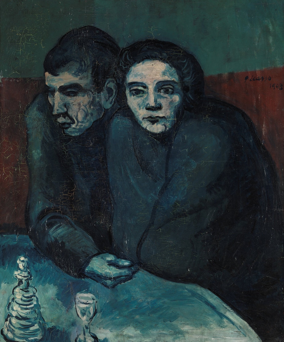 Man and woman in café by Pablo Picasso. Picasso artworks, Picasso wall art, Picasso canvas art, Picasso reproduction for sale, Picasso oil painting on canvas, Blue Surf Art