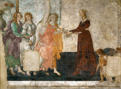Venus and the Three Graces Presenting Gifts to a Young Woman by Sandro Botticelli I Blue Surf Art