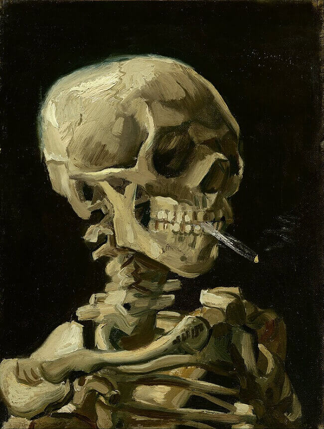 Skull of a Skeleton with Burning Cigarette, 1885 by Van Gogh Reproduction for Sale - Blue Surf Art