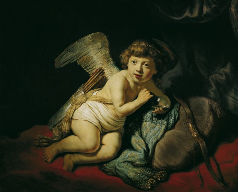 Cupid Blowing a Soap Bubble Painting by Rembrandt Oil on Canvas Reproduction by Blue Surf Art