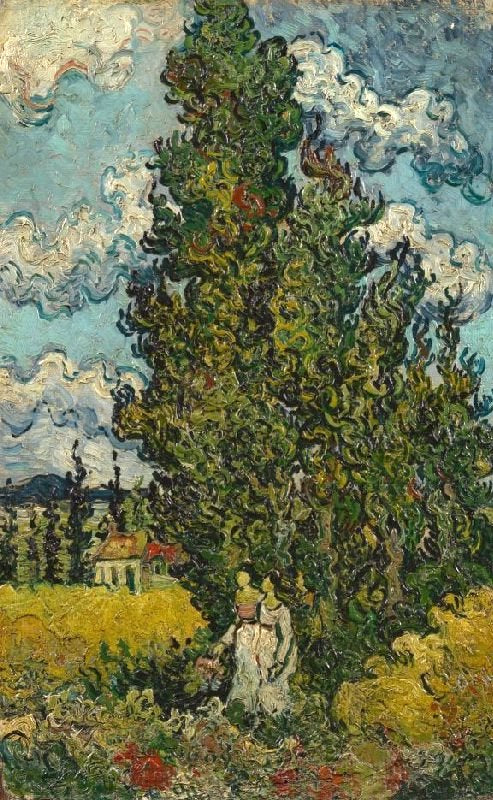 Cypresses and Two Women 1890 by Van Gogh Reproduction for Sale - Blue Surf Art