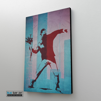 Banksy Flower Thrower, Banksy wall art, Street art painting, oil on canvas, living room art