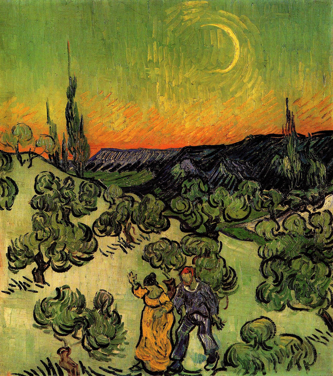 Landscape with Couple Walking and Crescent Moon, 1890 by Van Gogh Reproduction for Sale - Blue Surf Art