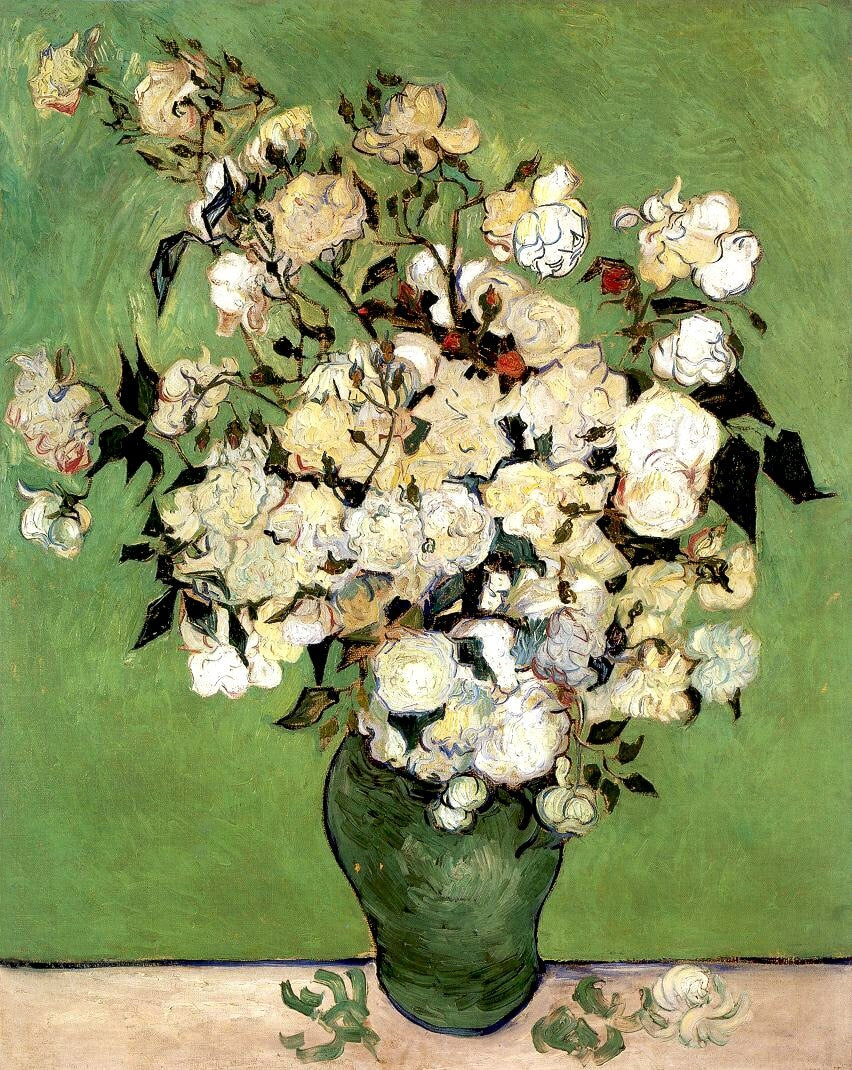 Still Life, Pink Roses in a Vase, 1890 by Van Gogh Reproduction for Sale - Blue Surf Art