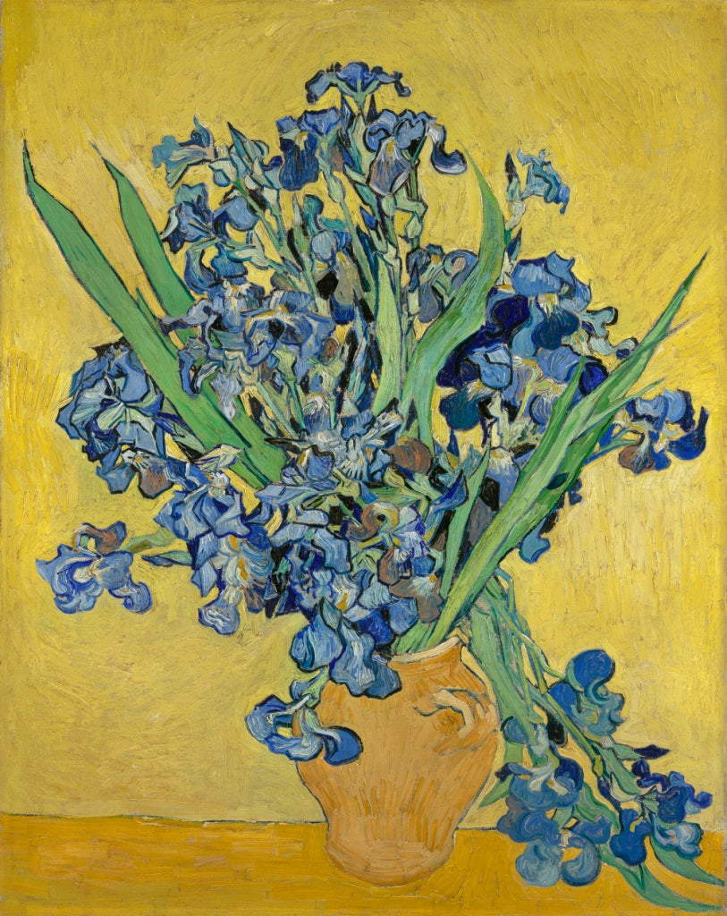 Still Life Vase with Irises Against a Yellow Background 1890 by Vincent van Gogh Reproduction for Sale - Blue Surf Art