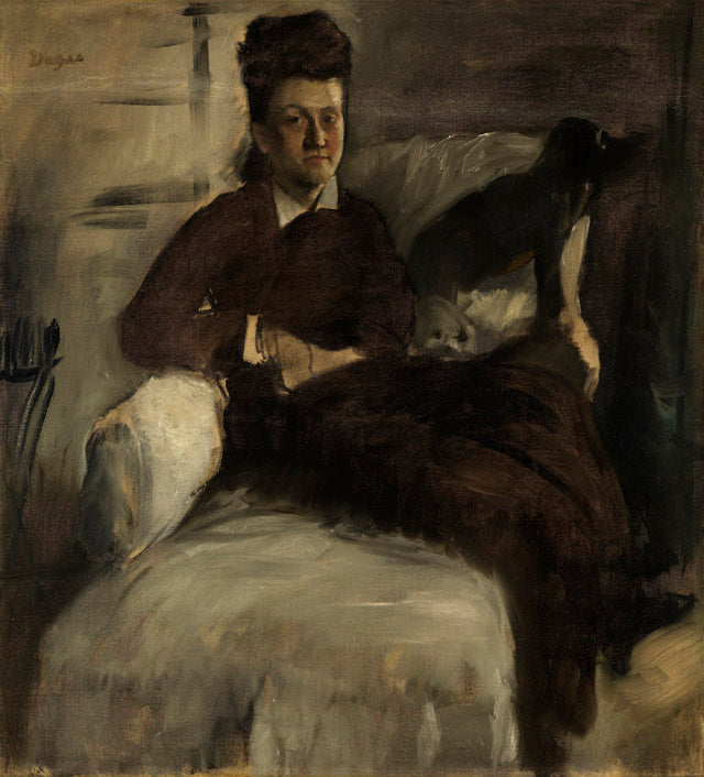 Mme Jeantaud in an Armchair with Two Dogs Painting by Edgar Degas Reproduction Oil on Canvas