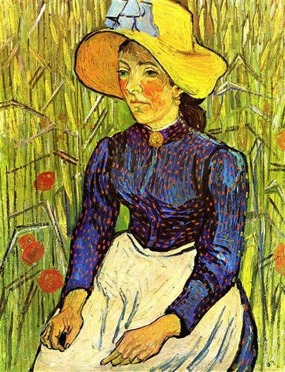 Young Peasant Girl in a Straw Hat sitting in front of a wheatfield by Vincent van Gogh Reproduction Painting for Sale - Blue Surf Art